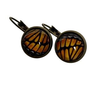 Vintage Butterfly Wings Clip On Earrings Orange Antique Brass Matte Retro